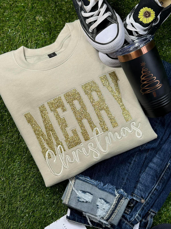 Merry Christmas Gold Glitter Embroidery Sweatshirt