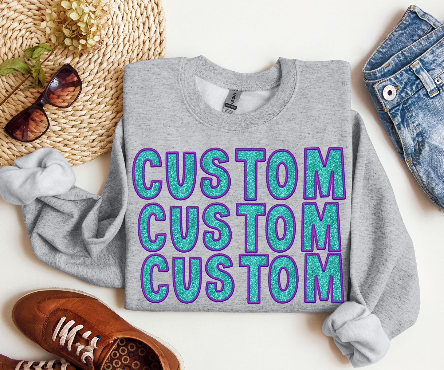 CUSTOM Faux Embroidery Glitter Crewneck